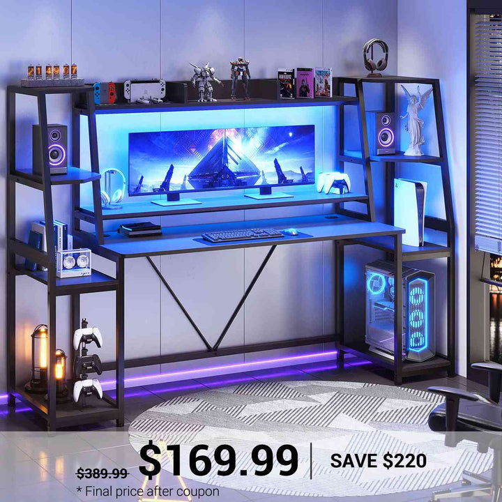 SEDETA 78.8 Inch Gaming Desk  with LED Lights Hutch Storage Shelves