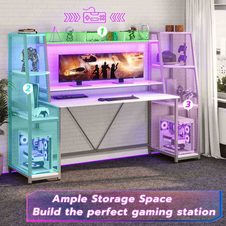 SEDETA 78.8 Inch Gaming Desk  with LED Lights Hutch Storage Shelves