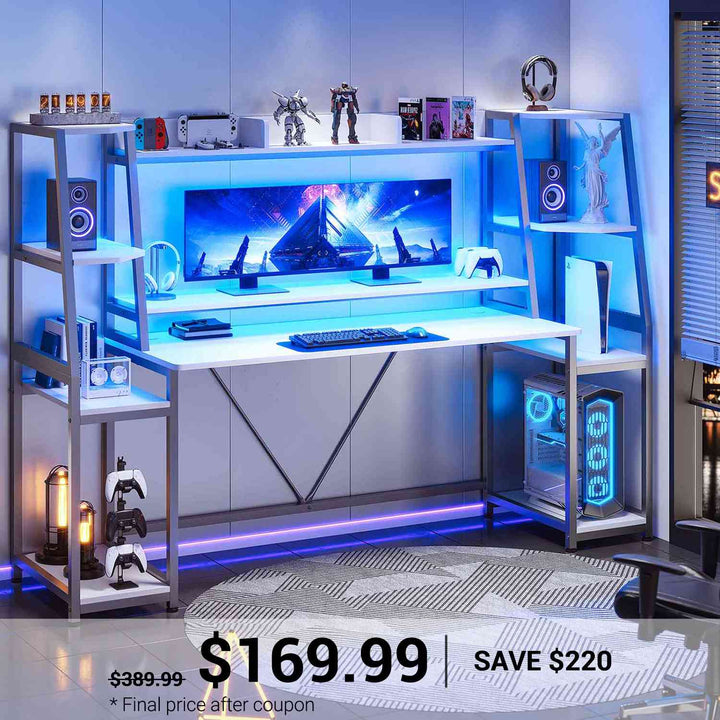 SEDETA 78.8 Inch Gaming Desk  with LED Lights Hutch Storage Shelves