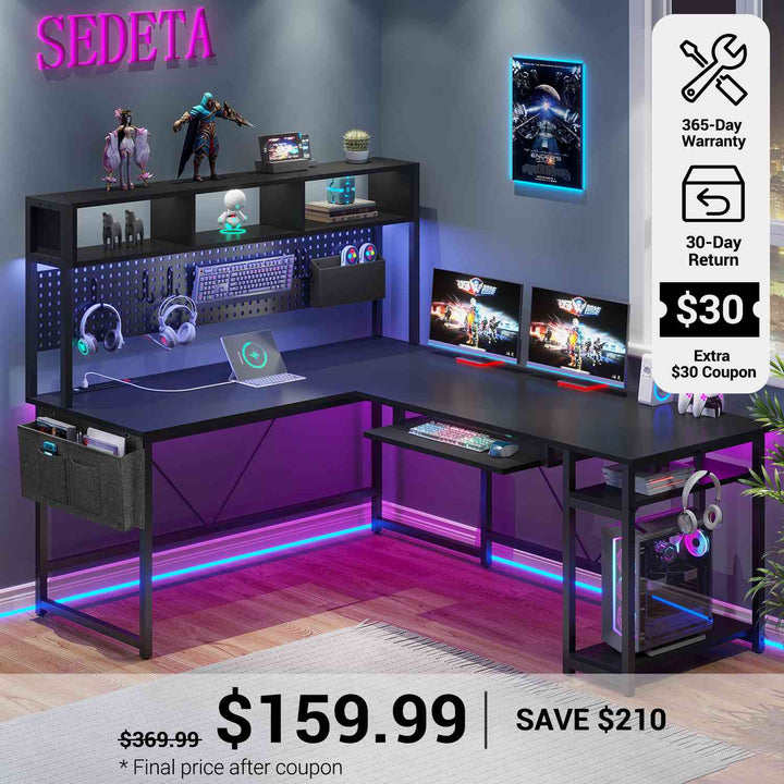 SEDETA® 67 Inch Gaming Desk with Led Lights for Home Office