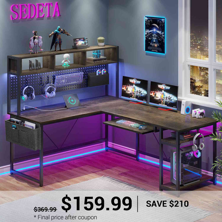 SEDETA® 67 Inch Gaming Desk with Led Lights for Home Office