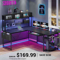 SEDETA 67 Inch L Shaped Gaming Desk Reversible Computer Desk with Led Lights Power Outlet Pegboard