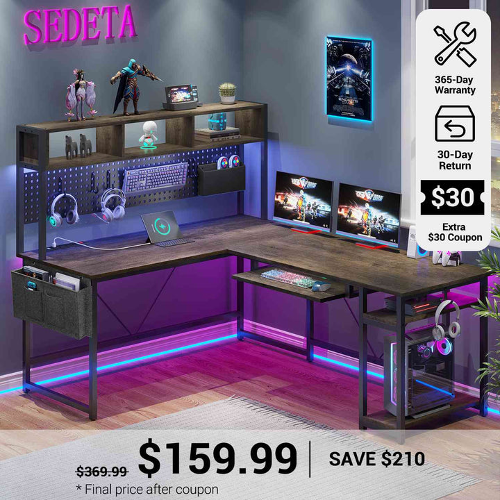 SEDETA® 67 Inch Gaming Desk with Led Lights for Home Office