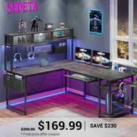 SEDETA 67 Inch L Shaped Gaming Desk Reversible Computer Desk with Led Lights Power Outlet Pegboard