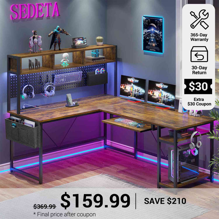 SEDETA® 67 Inch Gaming Desk with Led Lights for Home Office