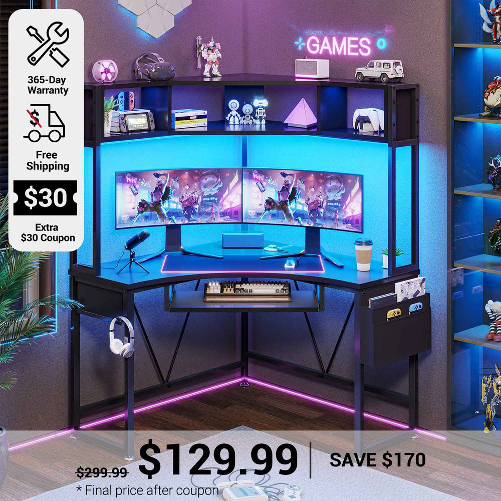 SEDETA Triangle Corner Computer Gaming Desk with Hutch & LED Lights