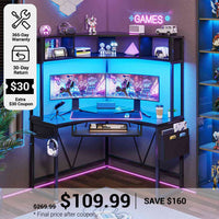 SEDETA® Corner Computer Desk Triangle LED Gaming Desk with Hutch Small Office Desk