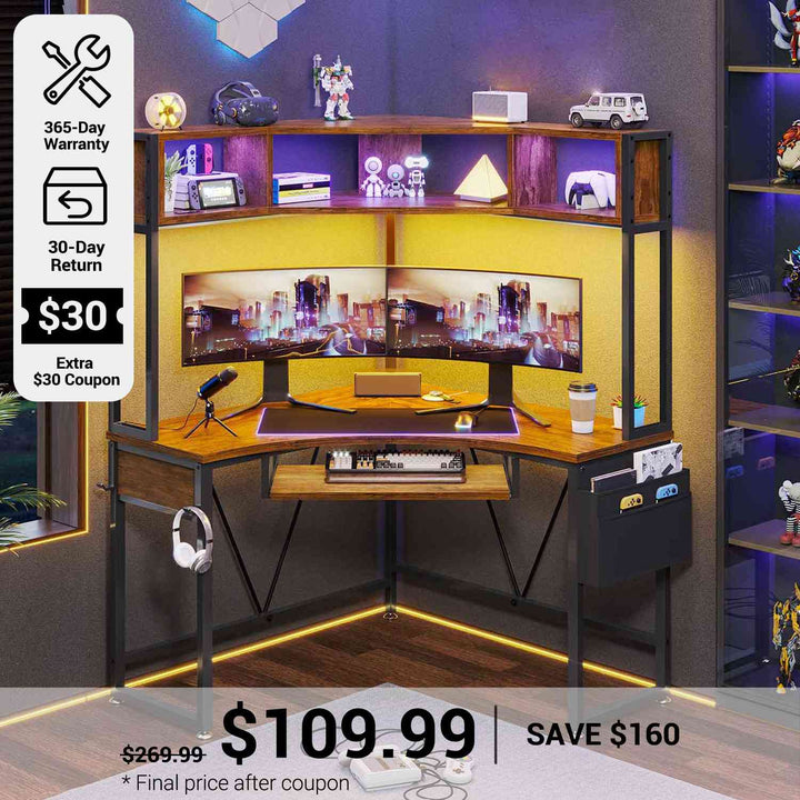 SEDETA® Corner Computer Desk Triangle LED Gaming Desk with Hutch Small Office Desk