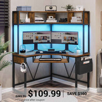 SEDETA® Corner Computer Desk Triangle LED Gaming Desk with Hutch Small Office Desk