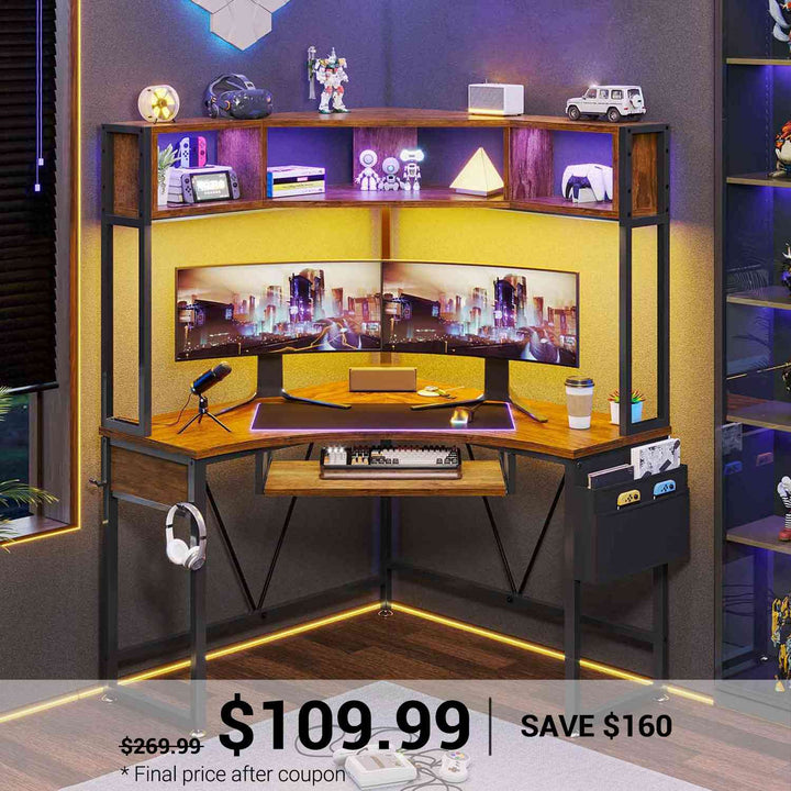 SEDETA | Triangle Corner Gaming Computer Desk with LED Lights for Small Office