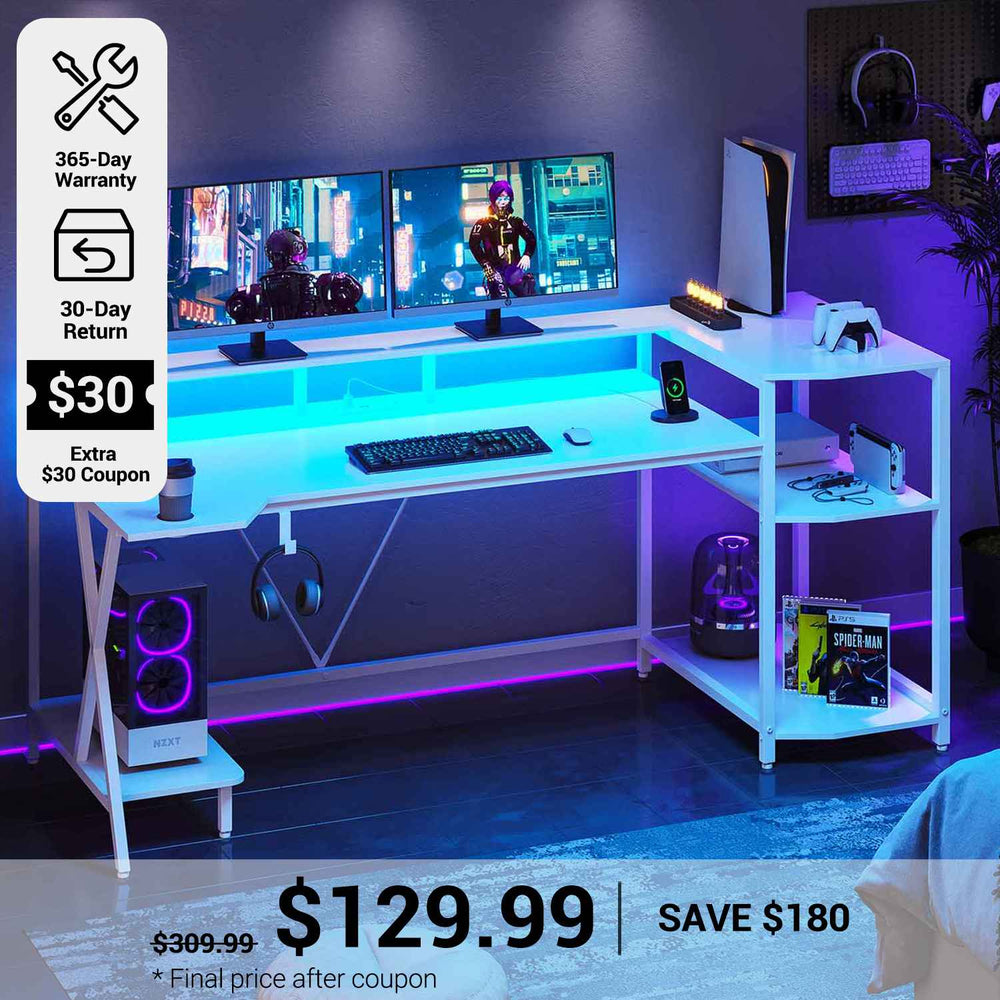 SEDETA® 70.8 Inch Large PC Gamer Desk LED Gaming Table with Storage Shelves