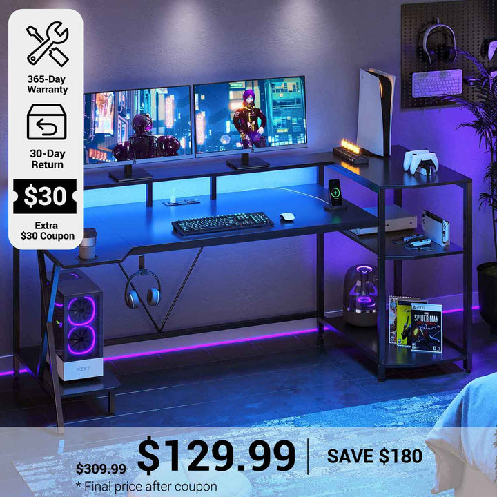 SEDETA® 70.8 Inch Large PC Gamer Desk LED Gaming Table with Storage Shelves