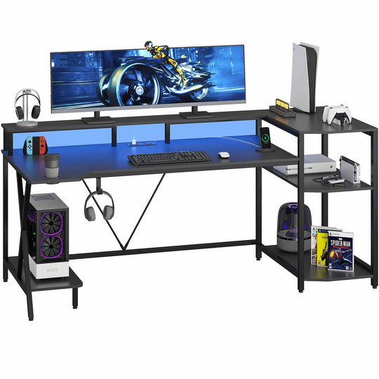 SEDETA 70.8 Inch Black Gaming Desk with Monitor Stand and Power Outlets