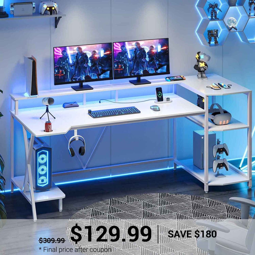 SEDETA | 70.8 Inch Gaming Desk with LED Lights and Storage Shelves