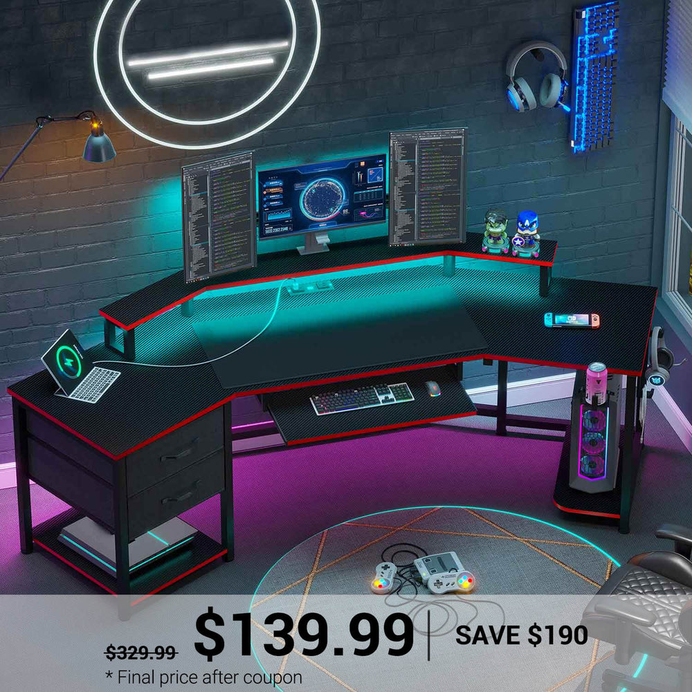 SEDETA | 79 Inch LED Wraparound Shaped Gaming Desk with 2 Fabric Drawers for Home Office