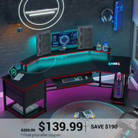 SEDETA | 79 Inch LED Wraparound Shaped Gaming Desk with 2 Fabric Drawers for Home Office