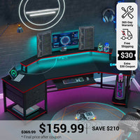 SEDETA 79 Inch LED Wraparound Shaped Gaming Desk with 2 Fabric Drawers