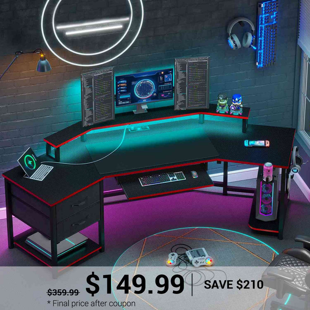 SEDETA | 79 Inch Wraparound Shaped LED Gaming Desk with 2 Fabric Drawers for Home Office