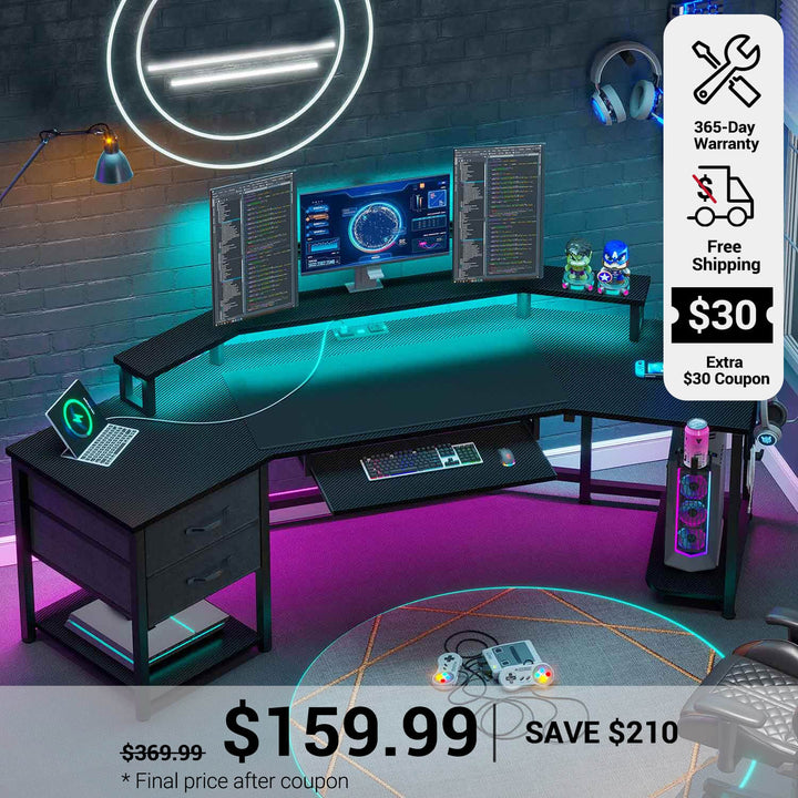 SEDETA 79 Inch LED Wraparound Shaped Gaming Desk with 2 Fabric Drawers