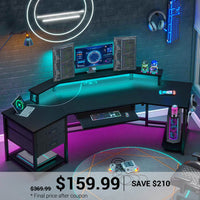 SEDETA 79 Inch LED Wraparound Shaped Gaming Desk with 2 Fabric Drawers