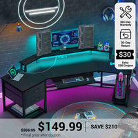 SEDETA® 79 Inch Wing Shaped LED Gaming Desk Computer Table with Storage for Home Office