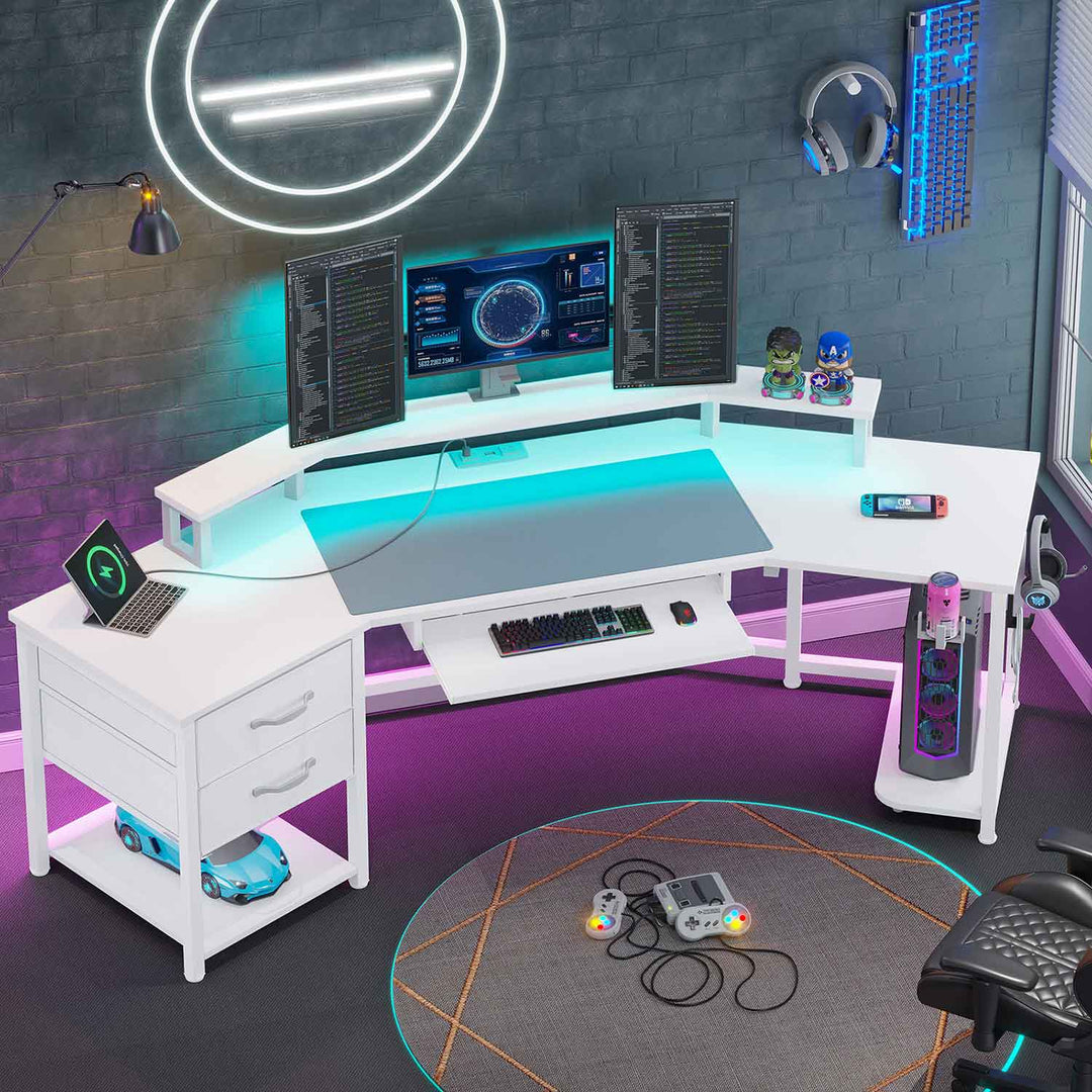 SEDETA 79 Inch Wraparound Shaped LED Gaming Desk with 2 Fabric Drawers