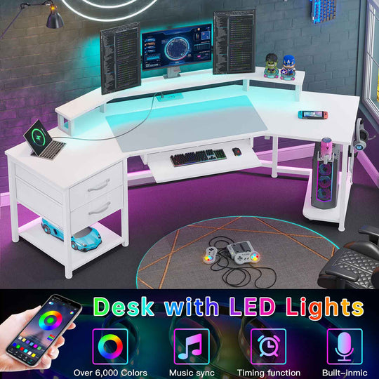 SEDETA 79 Inch Wraparound Shaped LED Gaming Desk with 2 Fabric Drawers