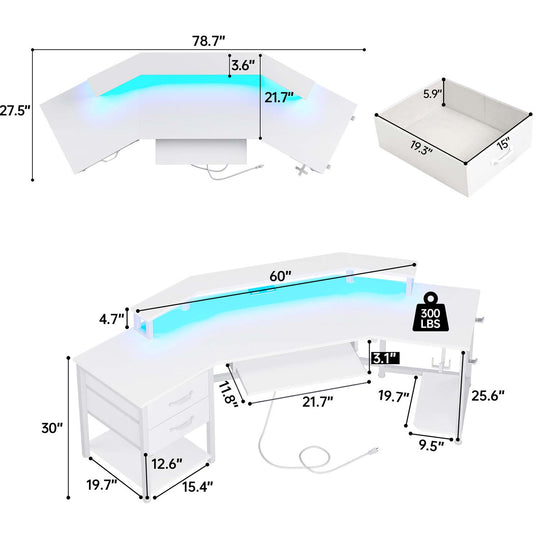 SEDETA 79 Inch Wraparound Shaped LED Gaming Desk with 2 Fabric Drawers