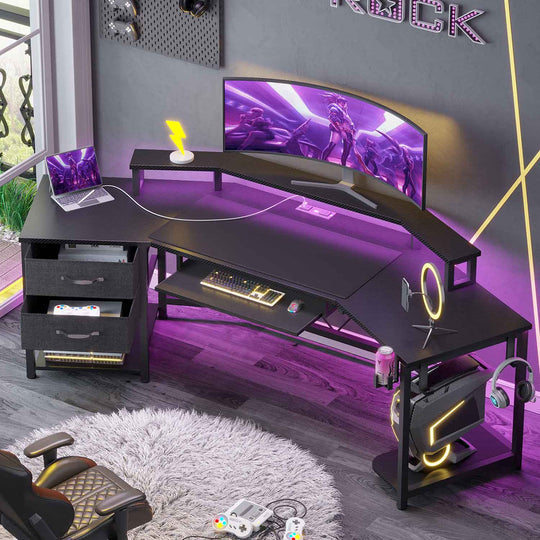 SEDETA 79 Inch Wraparound Shaped LED Gaming Desk with 2 Fabric Drawers