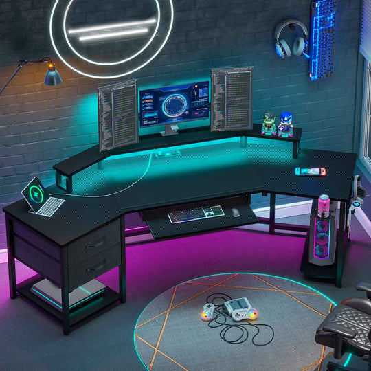 SEDETA 79 Inch Wraparound Shaped LED Gaming Desk with 2 Fabric Drawers