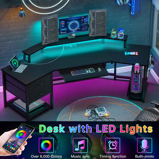 SEDETA 79 Inch Wraparound Shaped LED Gaming Desk with 2 Fabric Drawers