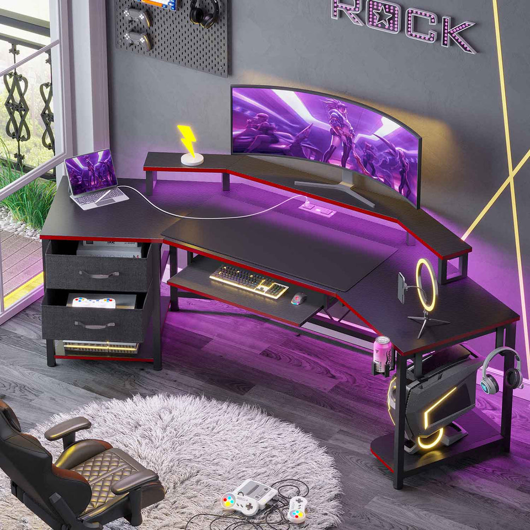 SEDETA 79 Inch Wraparound Shaped LED Gaming Desk with 2 Fabric Drawers