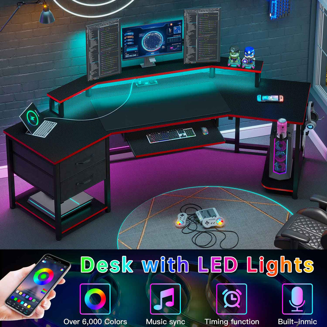 SEDETA 79 Inch Wraparound Shaped LED Gaming Desk with 2 Fabric Drawers