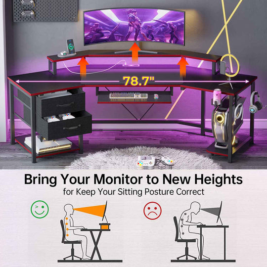 SEDETA 79 Inch Wraparound Shaped LED Gaming Desk with 2 Fabric Drawers