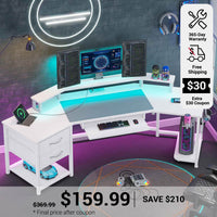 SEDETA 79 Inch LED Wraparound Shaped Gaming Desk with 2 Fabric Drawers