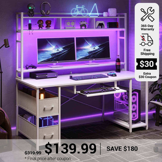 SEDETA 55 Inch Gamer Desk PC Table with with LED Lights and Power Outlet