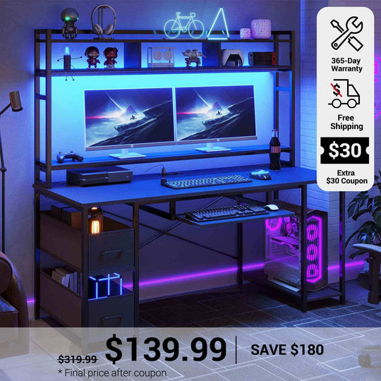 SEDETA 55 Inch Gamer Desk PC Table with with LED Lights and Power Outlet