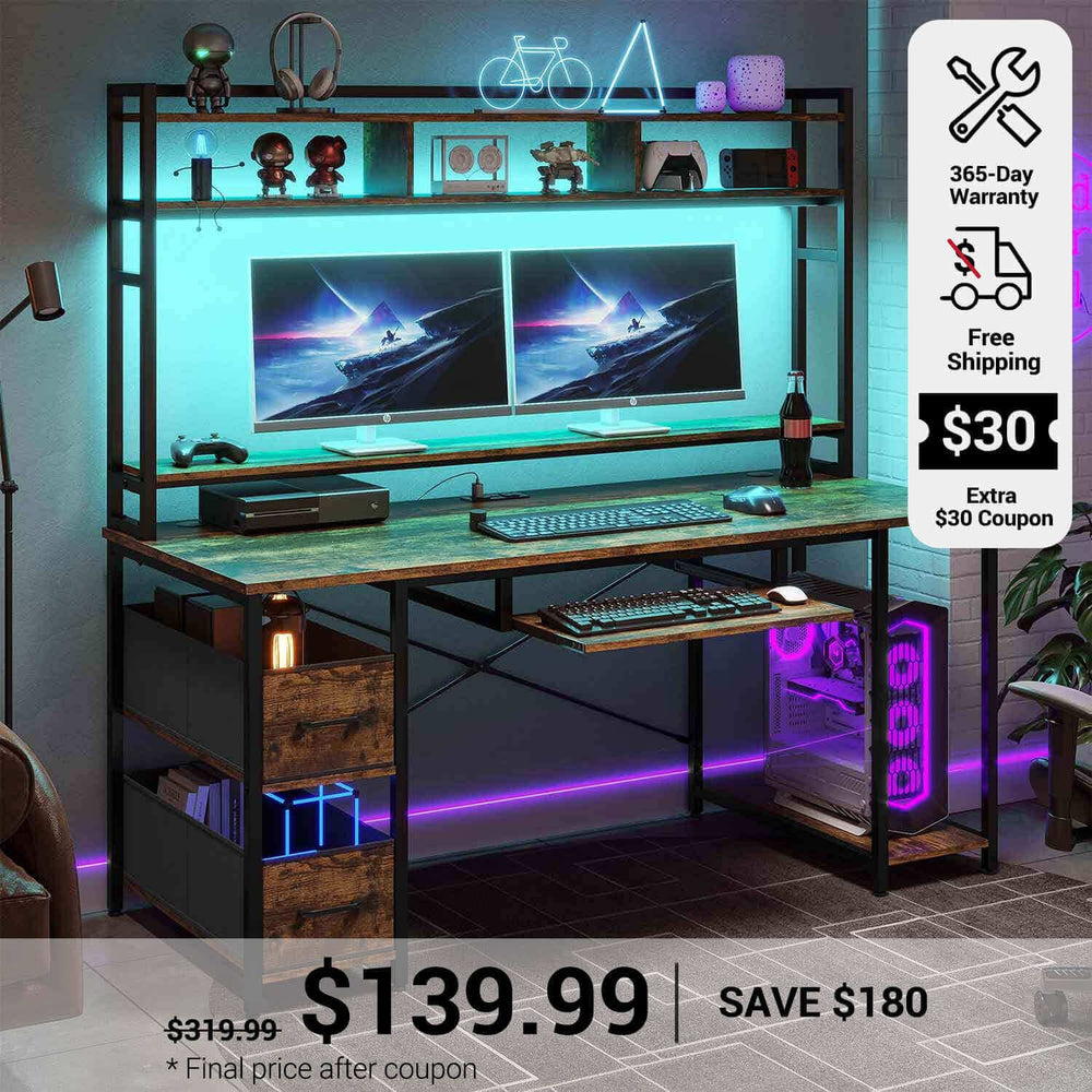 SEDETA 55 Inch Gamer Desk PC Table with with LED Lights and Power Outlet