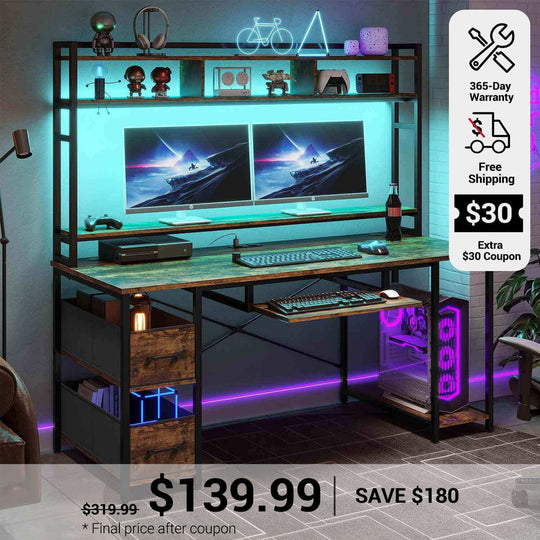 SEDETA 55 Inch Gamer Desk PC Table with with LED Lights and Power Outlet