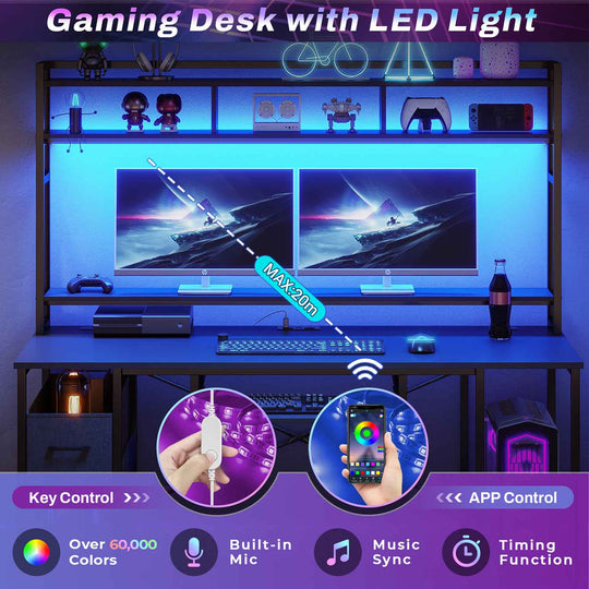 SEDETA 55 Inch Gamer Desk PC Table with with LED Lights and Power Outlet