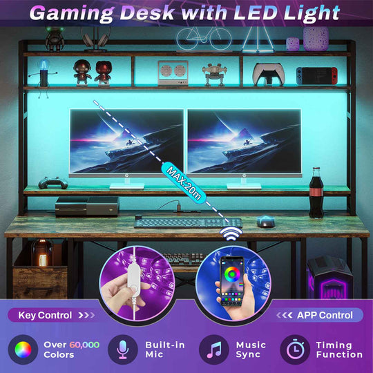 SEDETA 55 Inch Gamer Desk PC Table with with LED Lights and Power Outlet