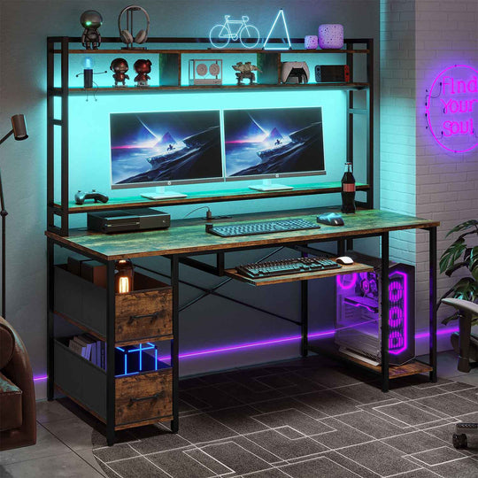 SEDETA 55 Inch Gamer Desk PC Table with with LED Lights and Power Outlet