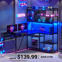 SEDETA | 58 Inch L Shaped Corner Gaming Desk with LED Light and Storage Shelves for Home Office