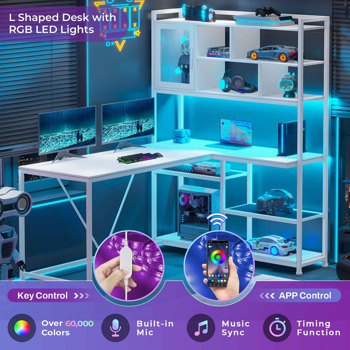 SEDETA 58 Inch L Shaped Computer LED Desk with Storage Shelves for Home Office