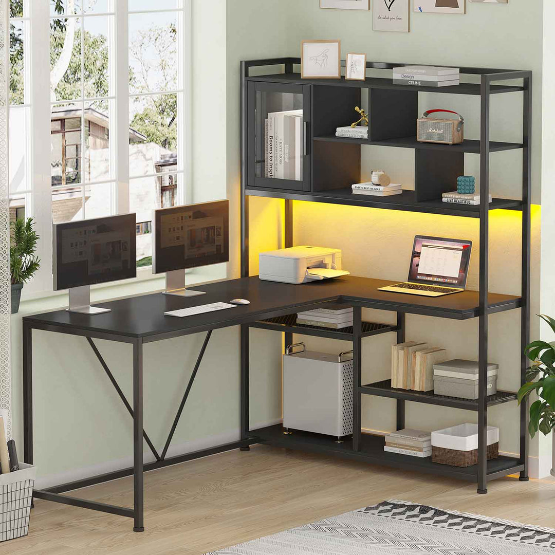 SEDETA 58 Inch Black L Shaped Computer Desk with Storage Shelves for Home Office