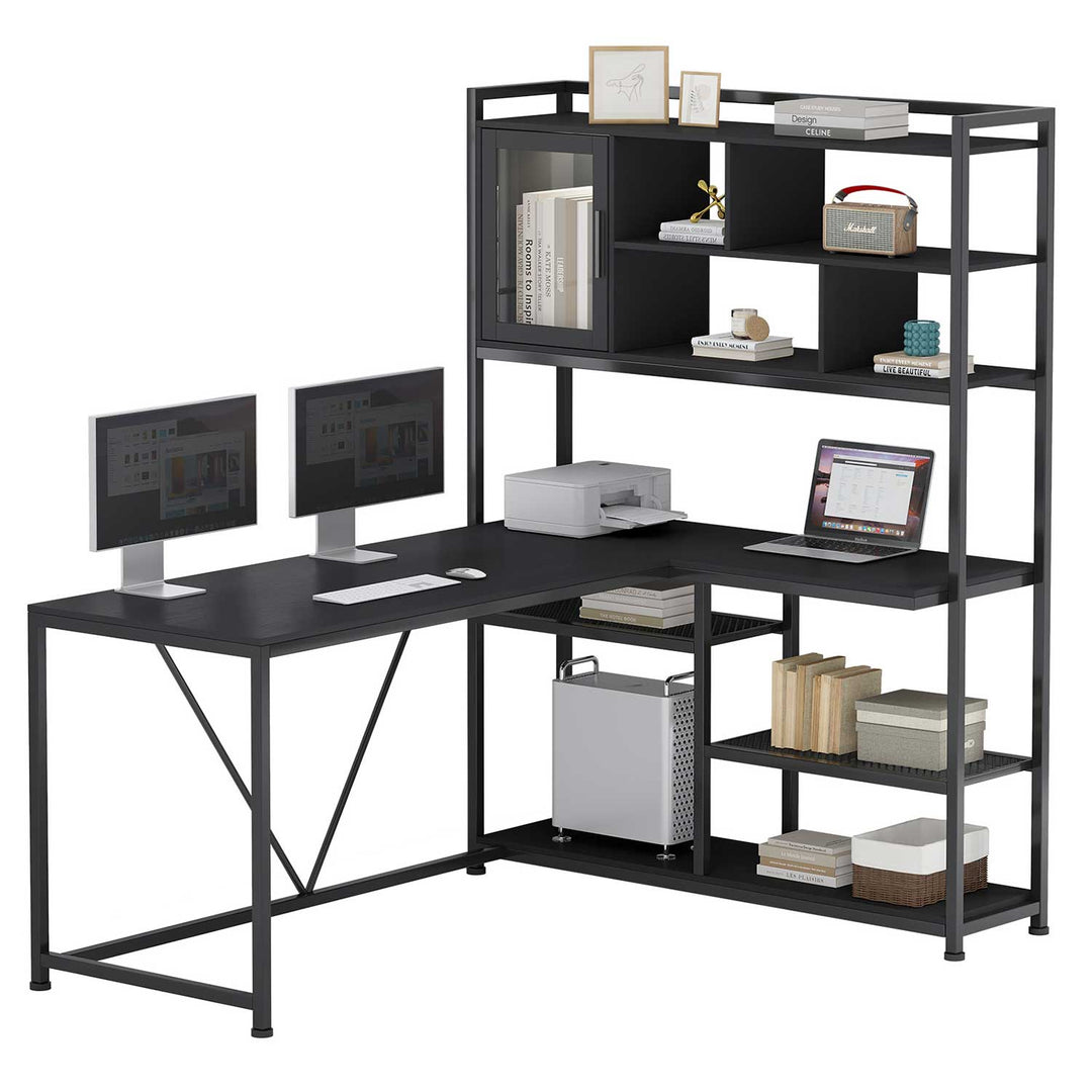 SEDETA 58 Inch Black L Shaped Computer Desk with Storage Shelves for Home Office