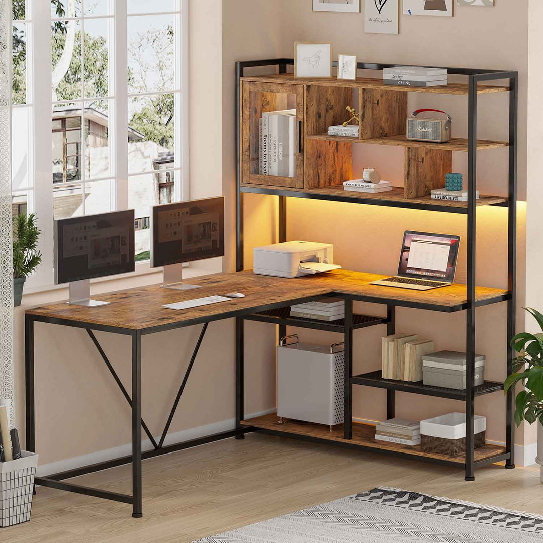 SEDETA 58 Inch Black L Shaped Computer Desk with Storage Shelves for Home Office