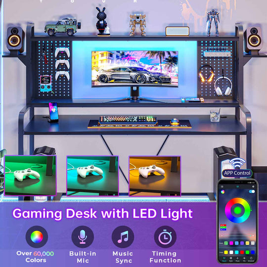 SEDETA 55 Inch Black Gaming Desk with Hutch and Shelves for Home Office