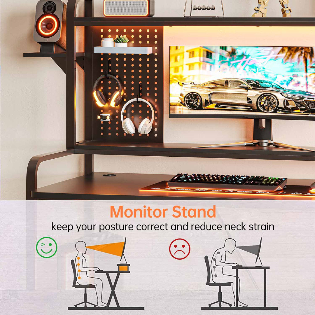 SEDETA 55 Inch Black Gaming Desk with Hutch and Shelves for Home Office