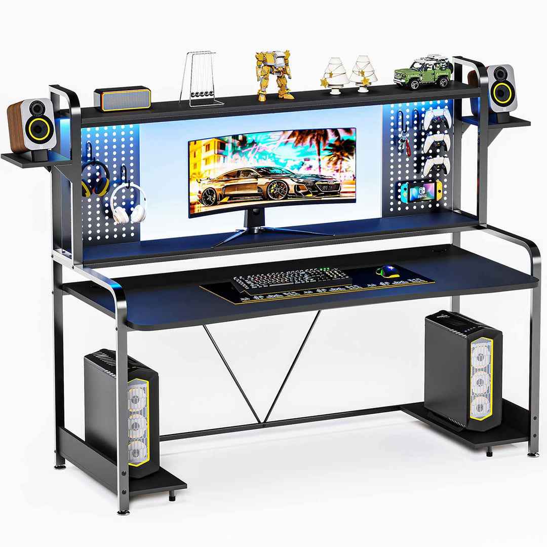 SEDETA 55 Inch Black Gaming Desk with Hutch and Shelves for Home Office